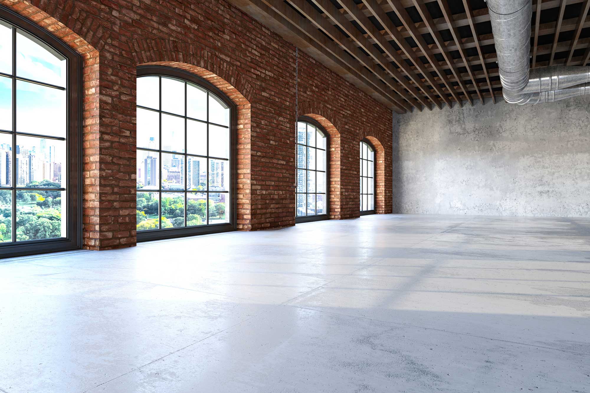 a large brick building with a window in a room