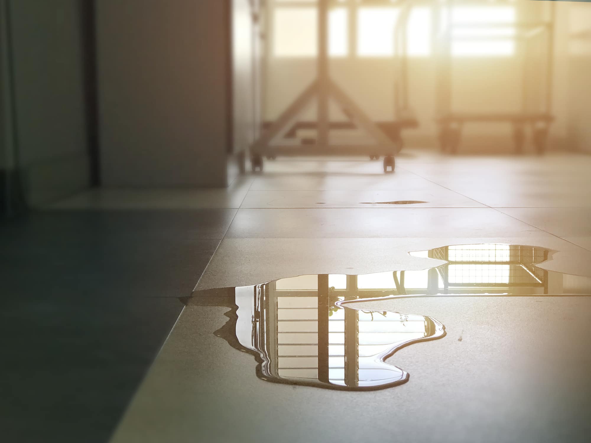Water pooling on a school building floor, a common early sign of water damage that schools should watch for.