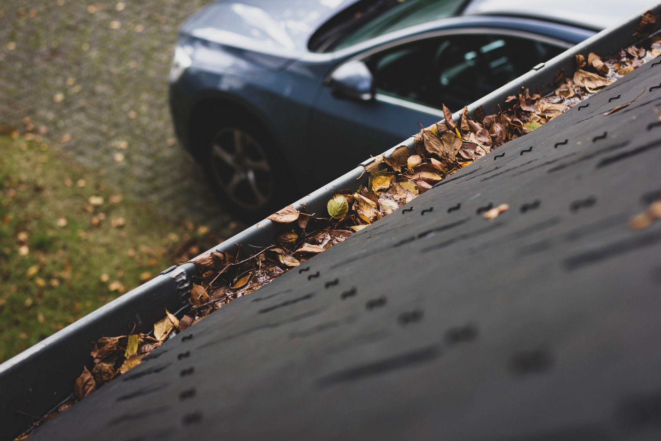 Rainwater overflowing a leaf-clogged gutter on a Nashville home, causing drainage problems and foundation water damage.